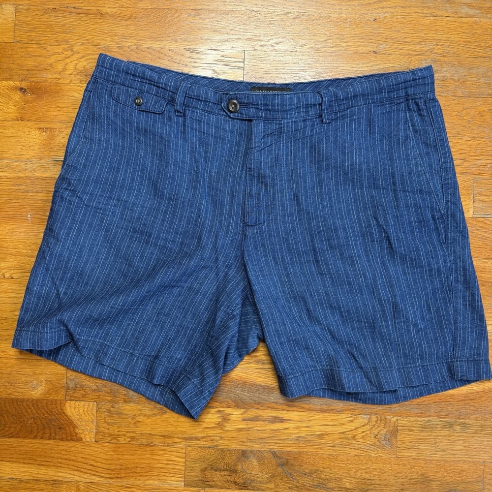 Banana Republic Mens Linen Blend Shorts 35 Slim Fit 7" Blue Pin Striped Comfort